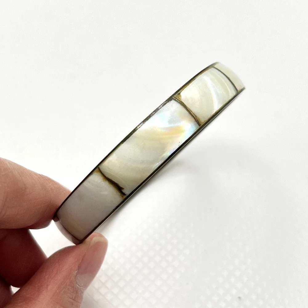 Vintage Mother of Pearl Inlay Gold Tone Brass Bangle Bracelet